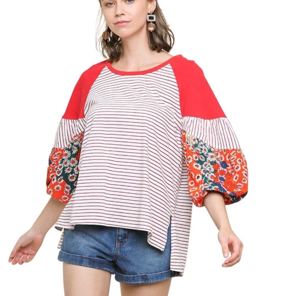 Umgee Tops - Umgee Cottagecore Patchwork Mixed Striped Floral Balloon Sleeve Top